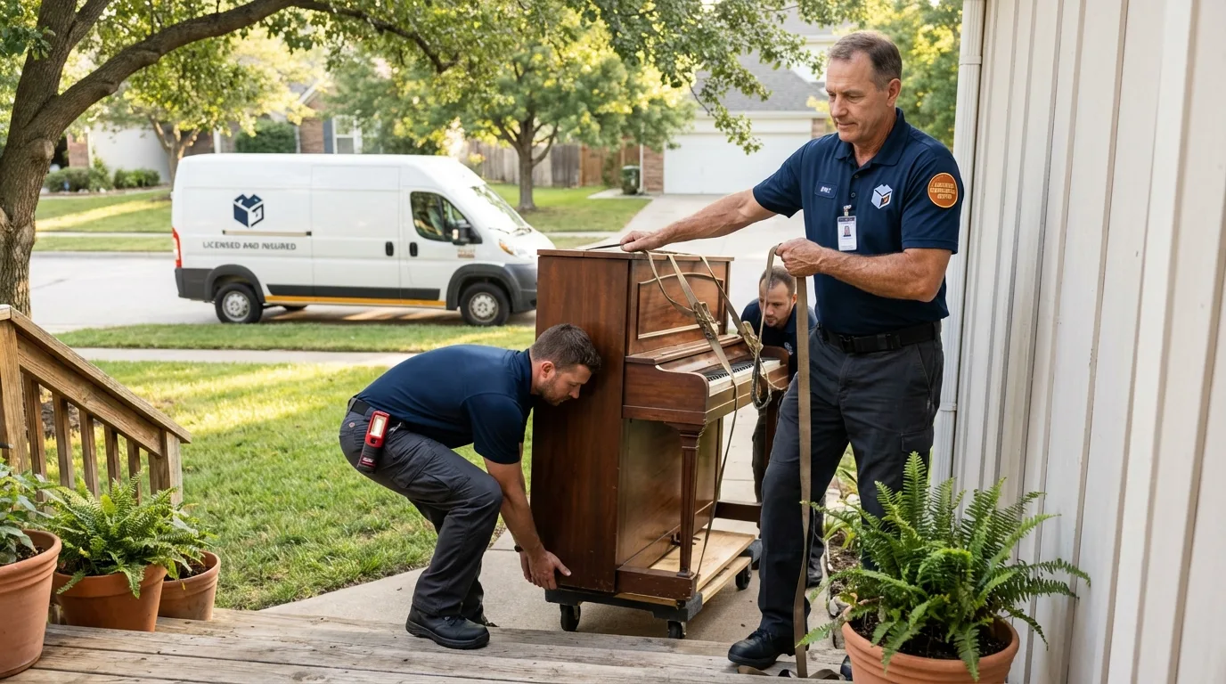 Licensed piano movers securing grand piano in Morton, WA