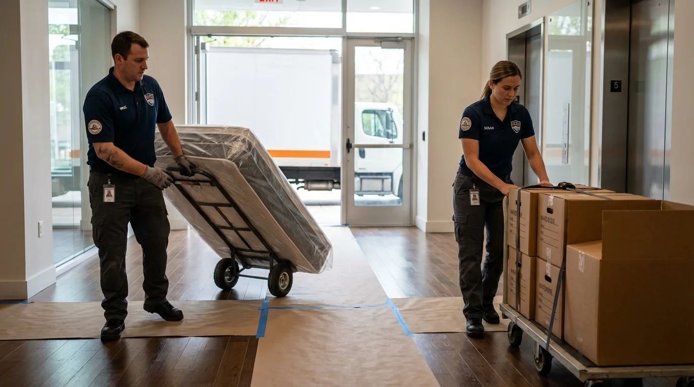 Professional apartment movers loading elevator in Morton, WA